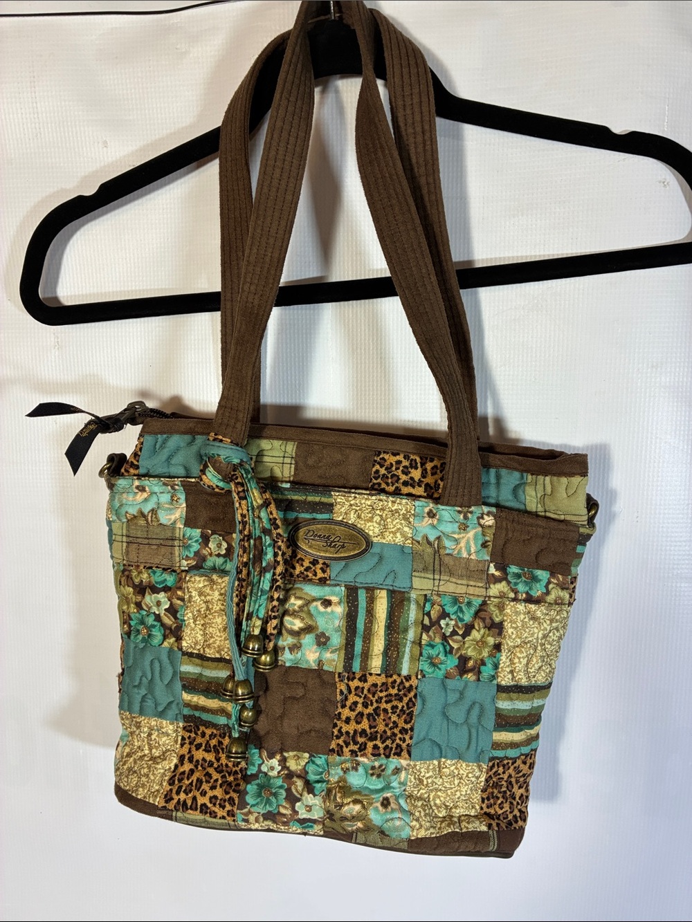 Quilted Patchwork Tote Bag in Teal and Brown - Floral & Leopard Accent